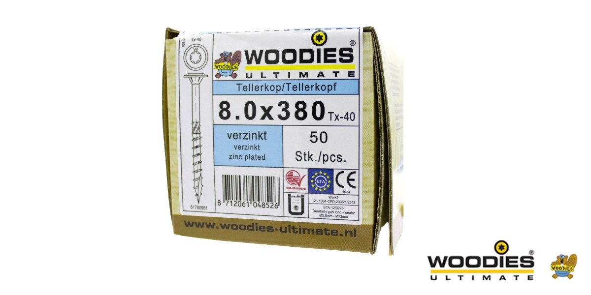 Alternatieve afbeelding voor Woodies Tellerkopf Holzbauschrauben TORX-40 verzinkt 8x380/80mm Teilgewinde 50 Stück