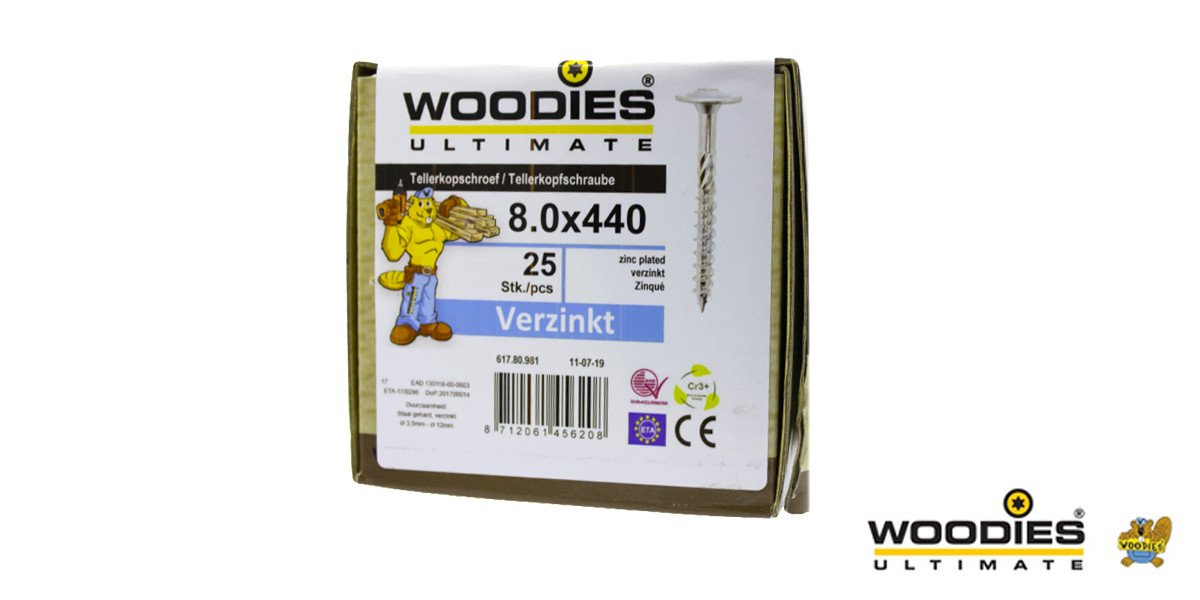 Alternatieve afbeelding voor Woodies Tellerkopf Holzbauschrauben TORX-40 verzinkt 8x440/80mm Teilgewinde 25 Stück