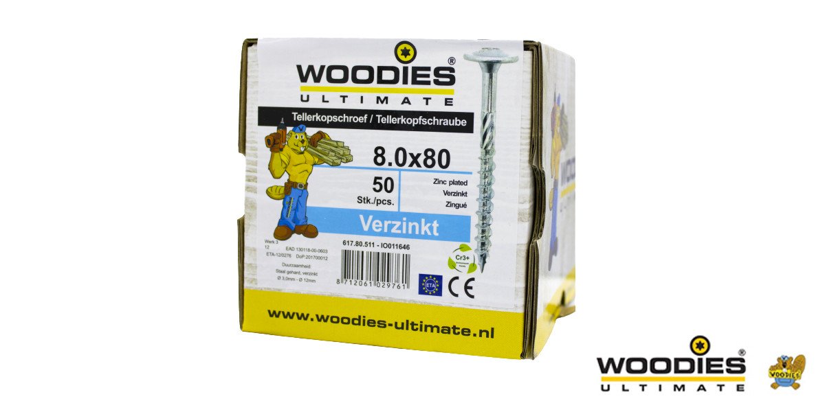 Alternatieve afbeelding voor Woodies Tellerkopf Holzbauschrauben TORX-40 verzinkt 8x80/50mm Teilgewinde 50 Stück