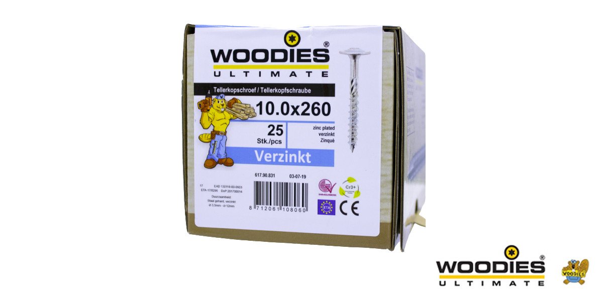 Alternatieve afbeelding voor Woodies Tellerkopf Holzbauschrauben TORX verzinkt 10x260/80mm Teilgewinde 25 Stück