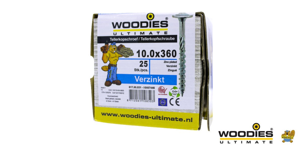 Alternatieve afbeelding voor Woodies Tellerkopf Holzbauschrauben TORX verzinkt 10x360/80mm Teilgewinde 25 Stück