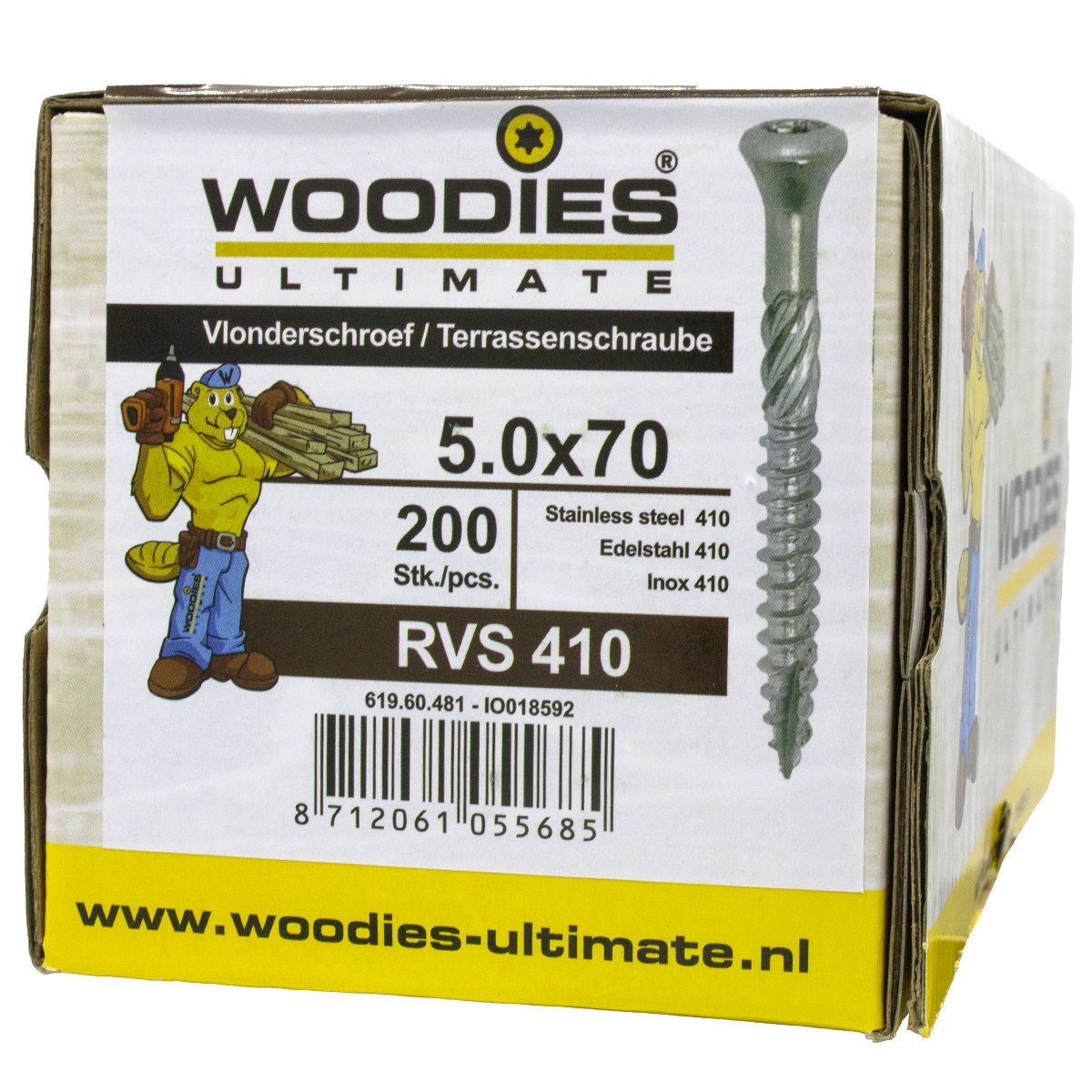 Alternatieve afbeelding voor Woodies Terrassenschrauben Edelstahl C1 / 410 TORX-25 5x70mm Fräskopf  200 Stück