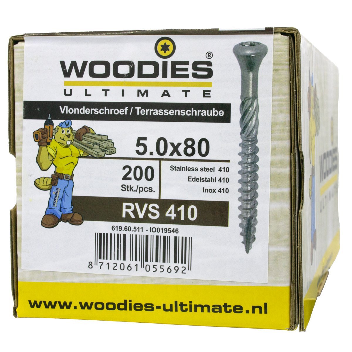 Alternatieve afbeelding voor Woodies Terrassenschrauben Edelstahl C1 / 410 TORX-25 5x80mm Fräskopf 200 Stück