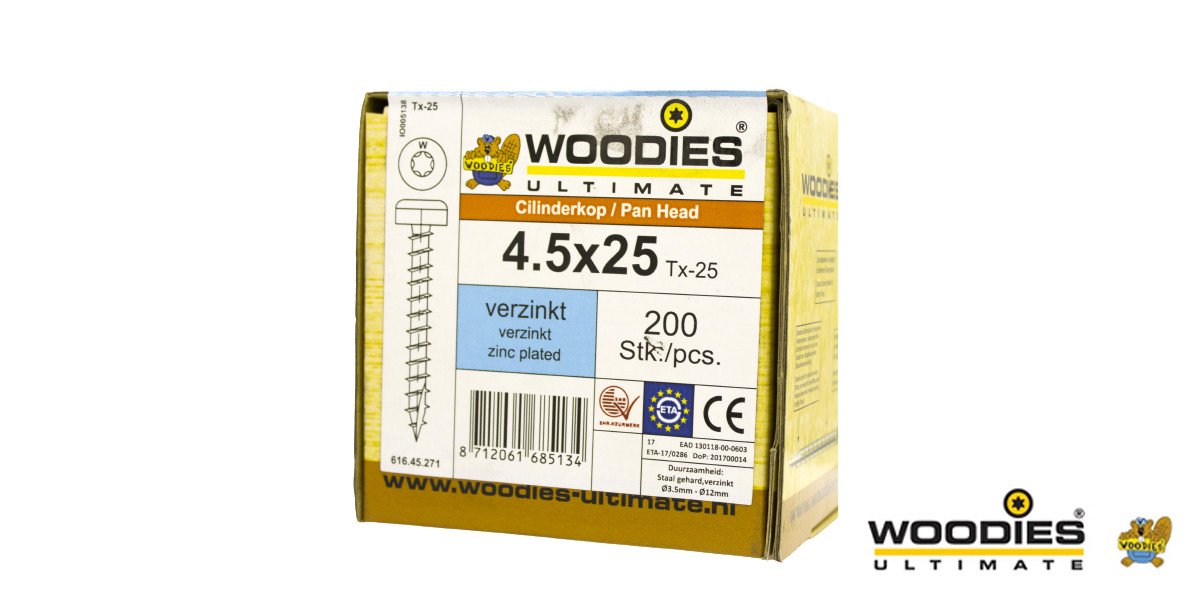 Alternatieve afbeelding voor Woodies Zylinderkopfschrauben verzinkt TORX-25 4,5x25mm 200 Stück 