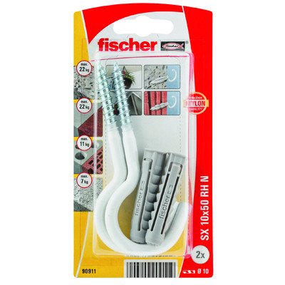 fischer Dübel SX 10x50 RH N mit Weiße Rundhaken 7x105mm 2 Stück
