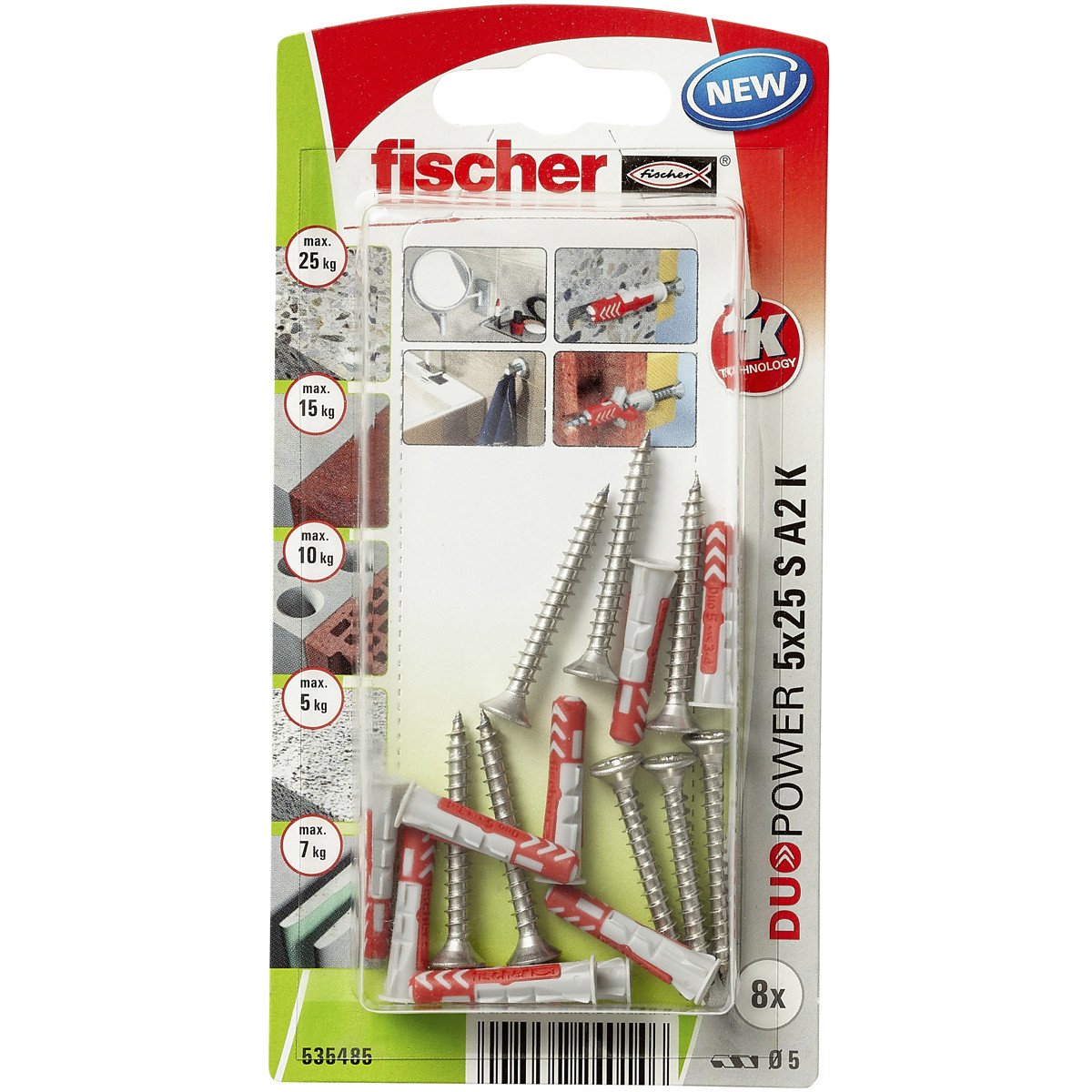 fischer Duopower Dübel 5x25 S A2 K mit A2 Schrauben 8 Stück